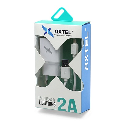 СЗУ с выходом USB AXTEL (2A + кабель lightning) белое