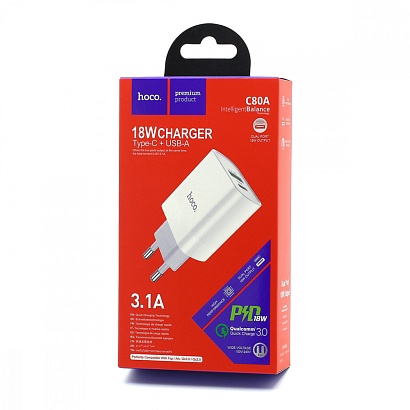 СЗУ с выходом USB Hoco C80A (PD+QC3.0/1USB/1USB PD/кабель Type-C -Lightning) белое